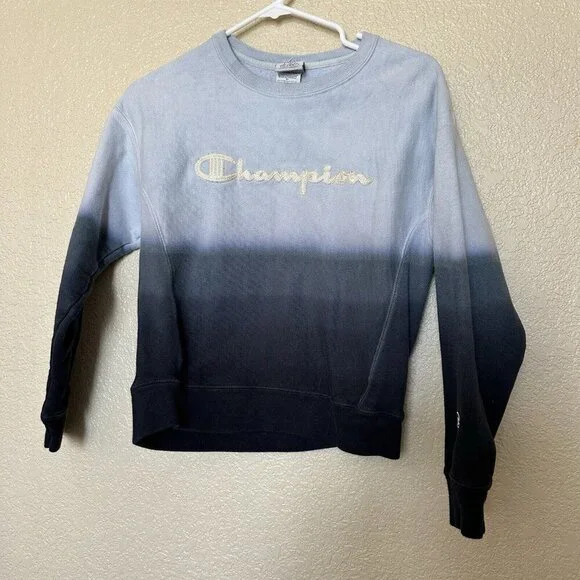Champion Reverse Weave Blue Dip Dye Script Ombre Crewneck Pullover Sweatshirt Sm - Picture 1 of 5
